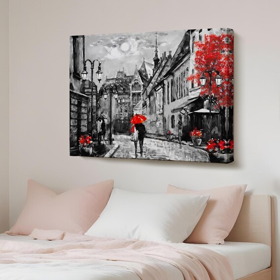 Romantic Budapest Old Town Rain Red Umbrella Street Painting Poster