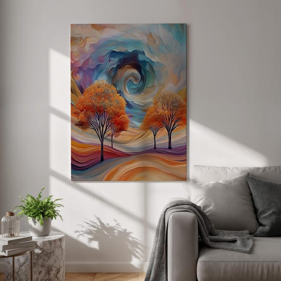 Abstract Landscape Canvas Print Dreamy Swirl Sky Wall Art Autumn Tree Fantasy Scene Framed Surreal Artwork For Bedroom Or Office