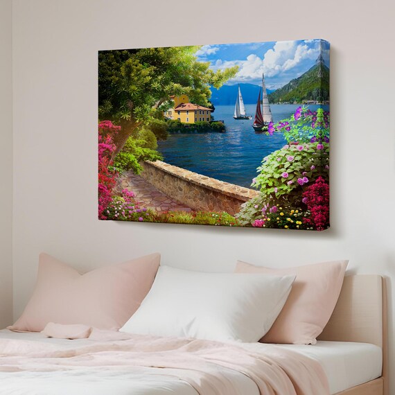Blooming Flower Path Sea Villa Sailboats Mediterranean Poster