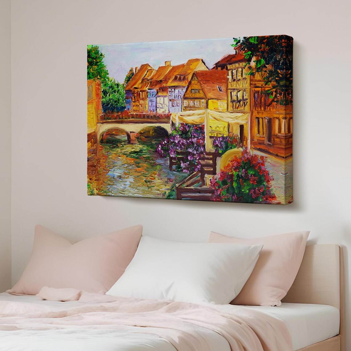 Old European Canal Town Bridge Flowers Impasto Oil Style Wall Poster