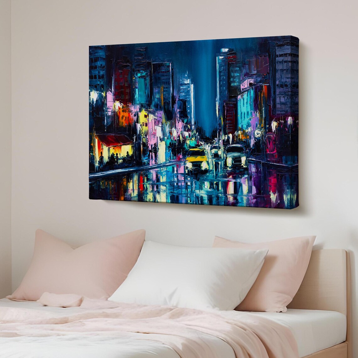 New York Night Street Yellow Taxi Neon Cityscape Painting Poster