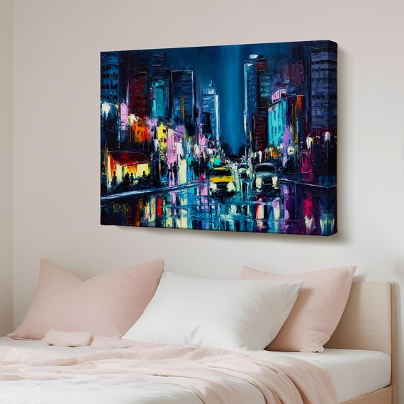 New York Night Street Yellow Taxi Neon Cityscape Painting Poster