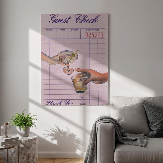 Pink Guest Check Martini Glass Cheers Retro Bar Cart Kitchen Decor Poster