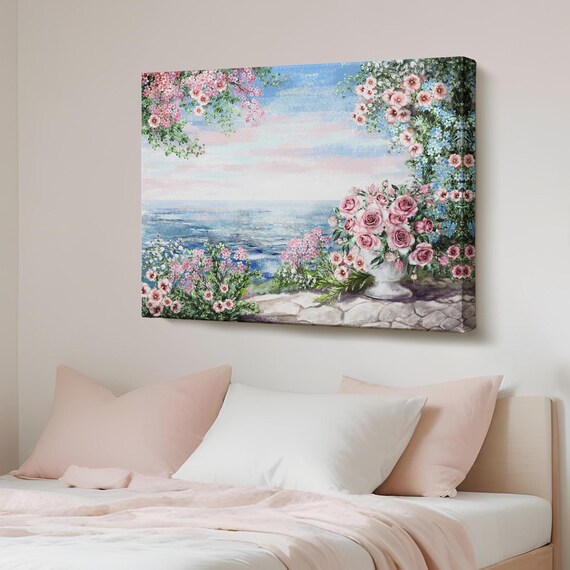 Romantic Ocean View With Pink Roses Floral Seascape Painting Poster