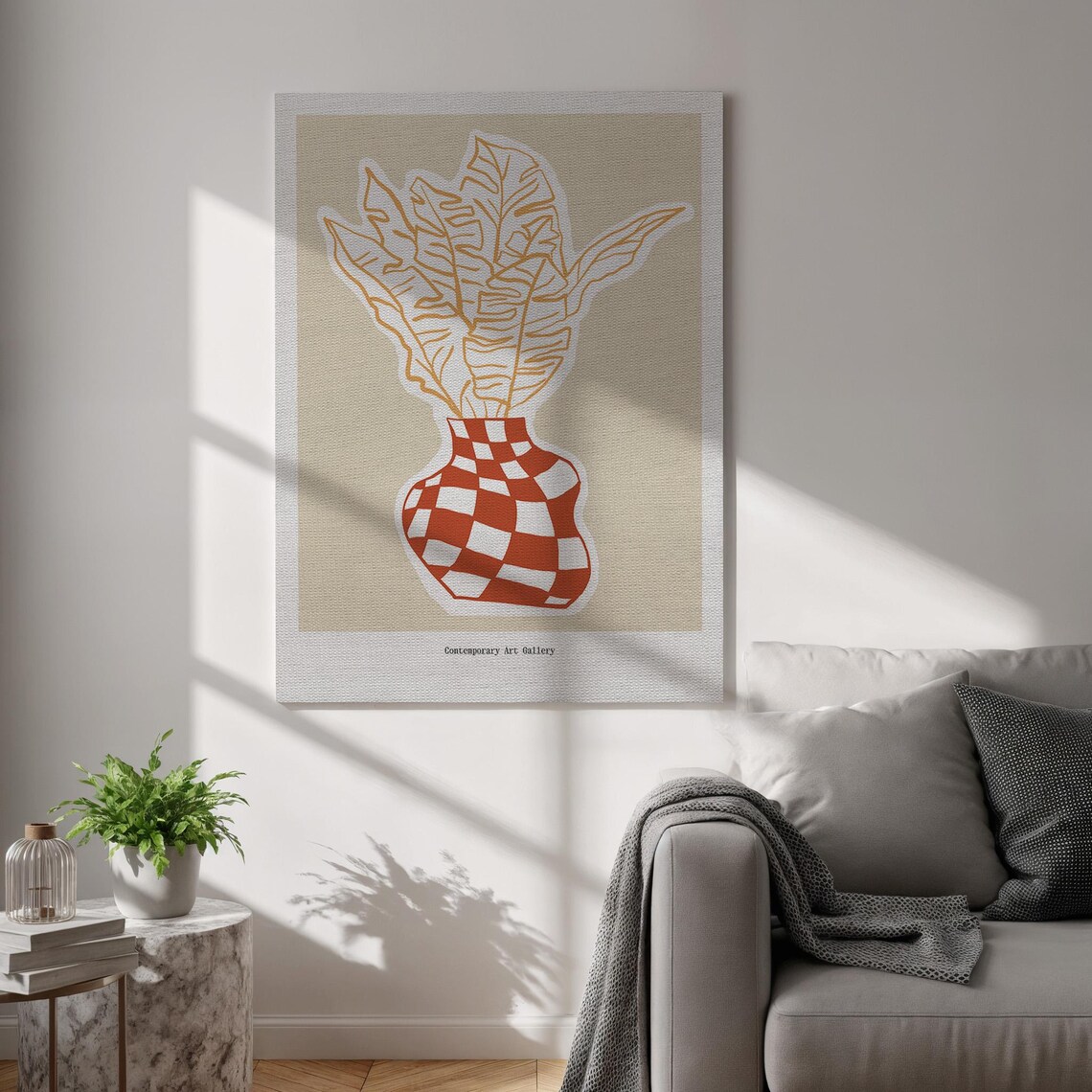 Abstract Vase Canvas Wall Art Modern Botanical Line Print Funky Red Checker Poster Framed Contemporary Decor For Office And Studio
