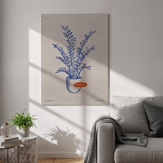 Zamioculcas Canvas Print Blue Botanical Plant Wall Art Minimalist Line Drawing Poster Framed Beige Artwork For Office And Living Room
