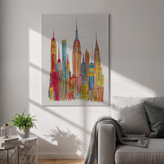 New York Skyline Canvas Art Colorful Cityscape Wall Decor Urban Line Drawing Print Framed Modern Architecture Poster For Office And Home