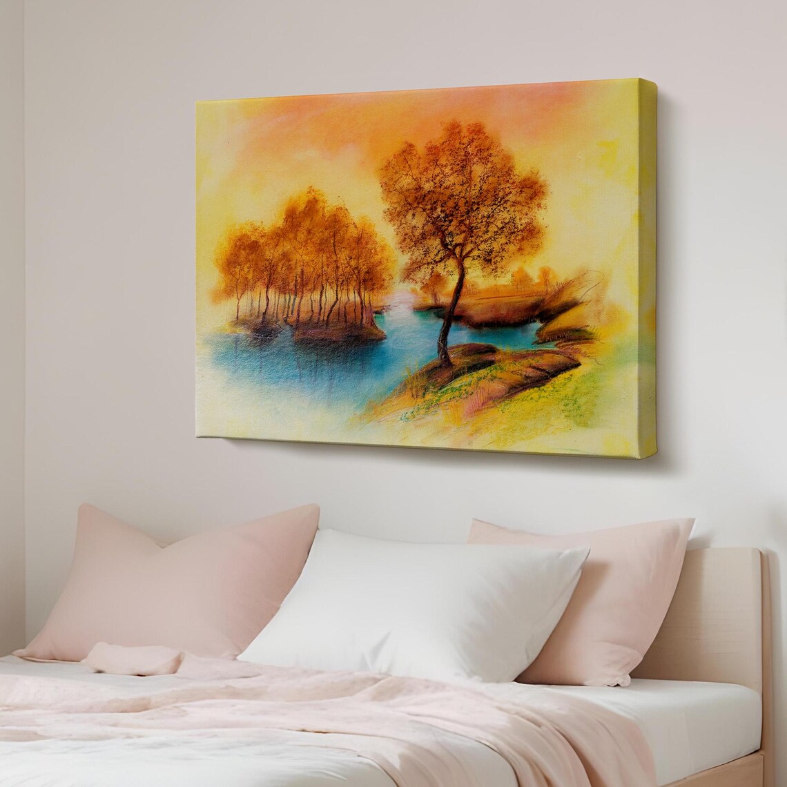Golden Autumn Trees by Calm Water at Sunset Landscape Poster