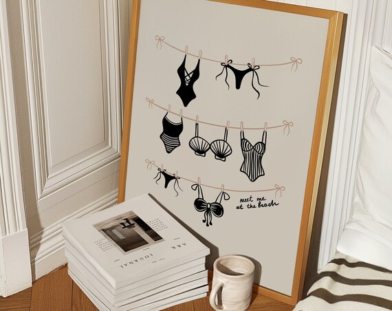 Black Bikini Hanging Poster Hand Drawn Print Retro Wall Art Meet Me At The Beach Girl Laundry Trendy Coquette Room Decor