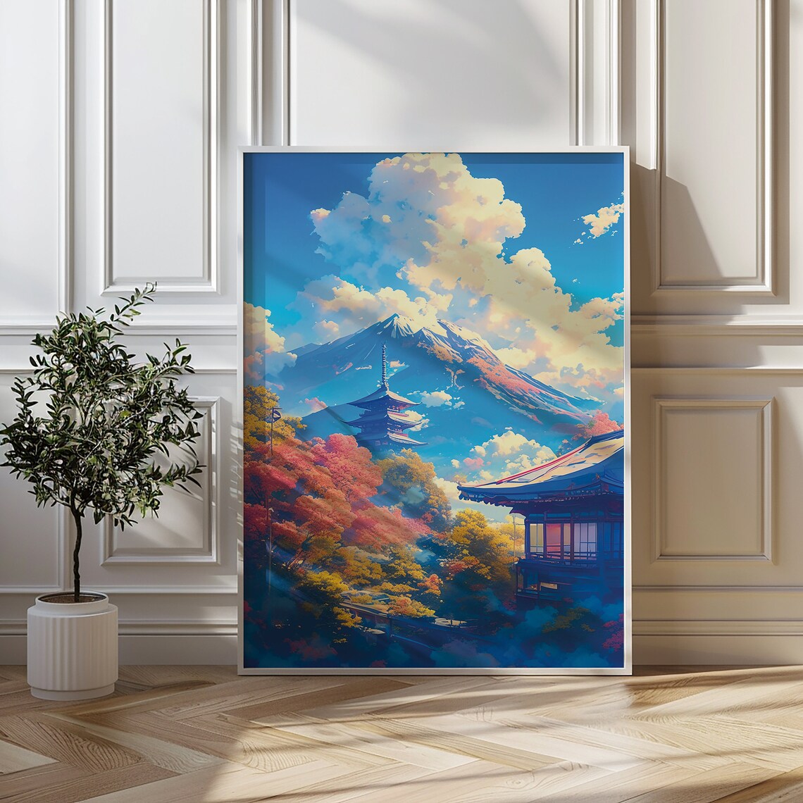 Dreamy Anime Mount Fuji Pagoda Autumn Landscape Japan Art Poster