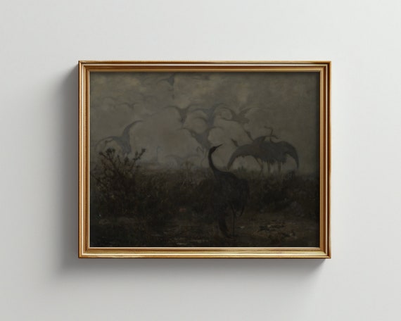 Moody Wall Art Antique Cranes Oil Painting Large Wall Art Neutral Wall Art Art Above Bed Decor