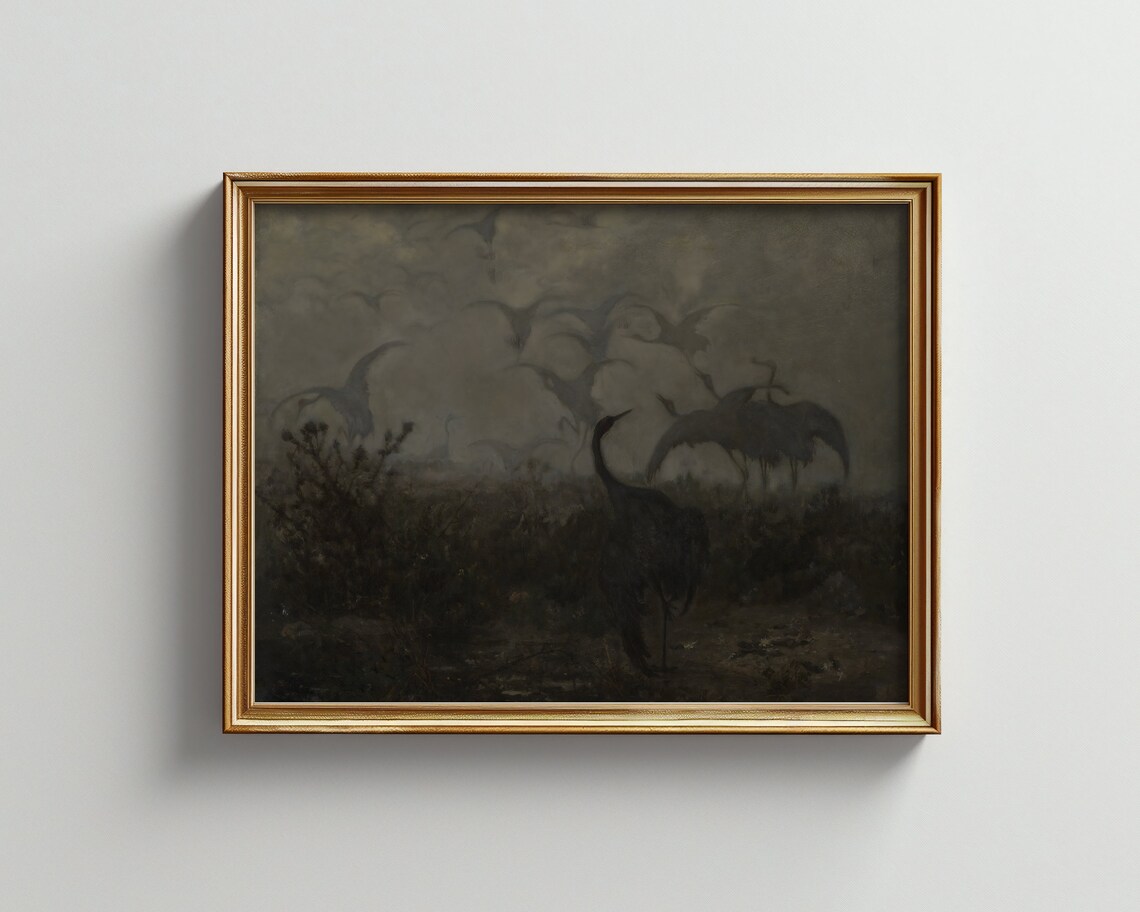 Moody Antique Oil Painting Of Cranes Flying Over Marshland Print