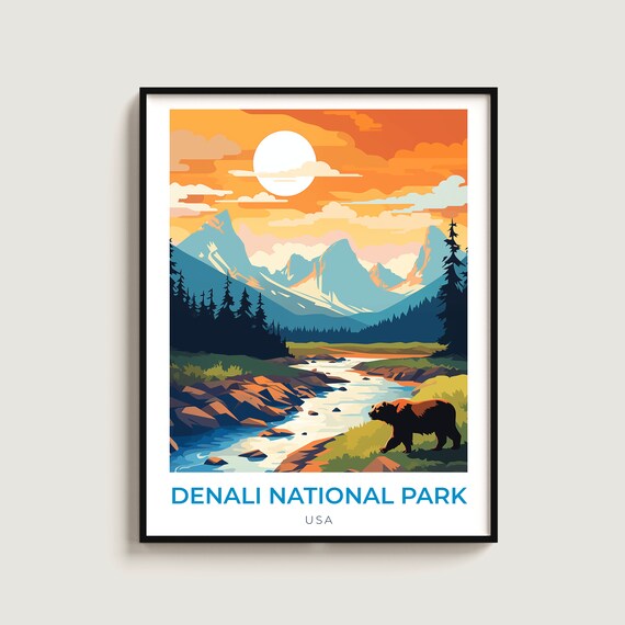 Denali National Park Alaska Grizzly Bear River Mountains Poster