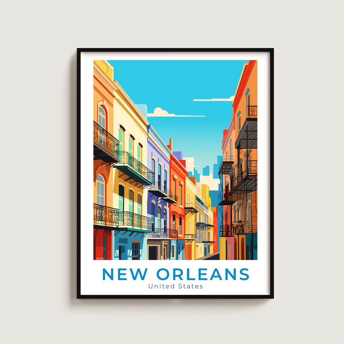 New Orleans French Quarter Colorful Balconies Street Travel Poster