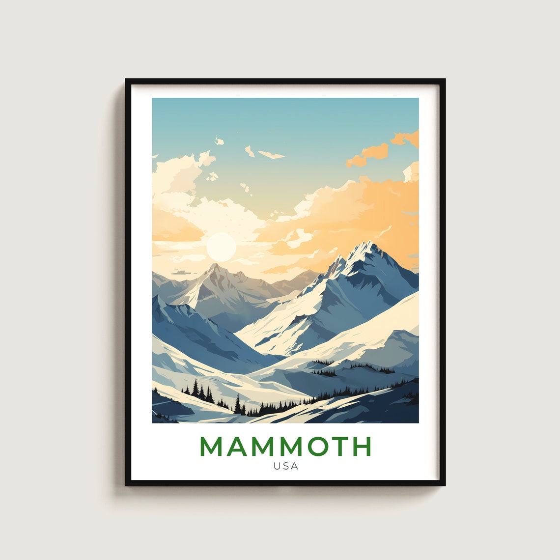 Mammoth Mountain USA Golden Sunset Snowy Peaks Travel Poster