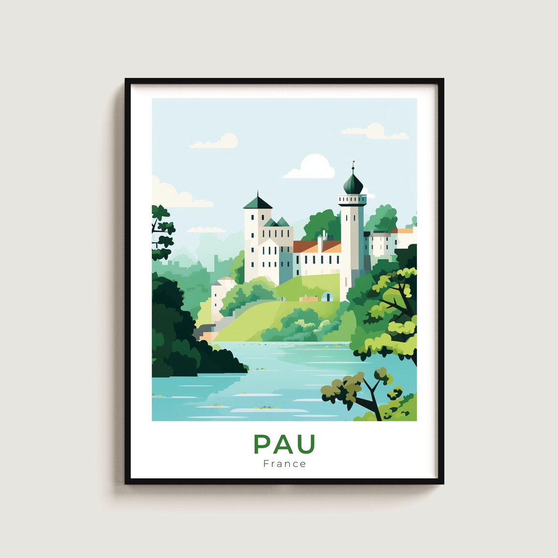 Pau France Chateau Riverside Travel Poster Historic Palace Art