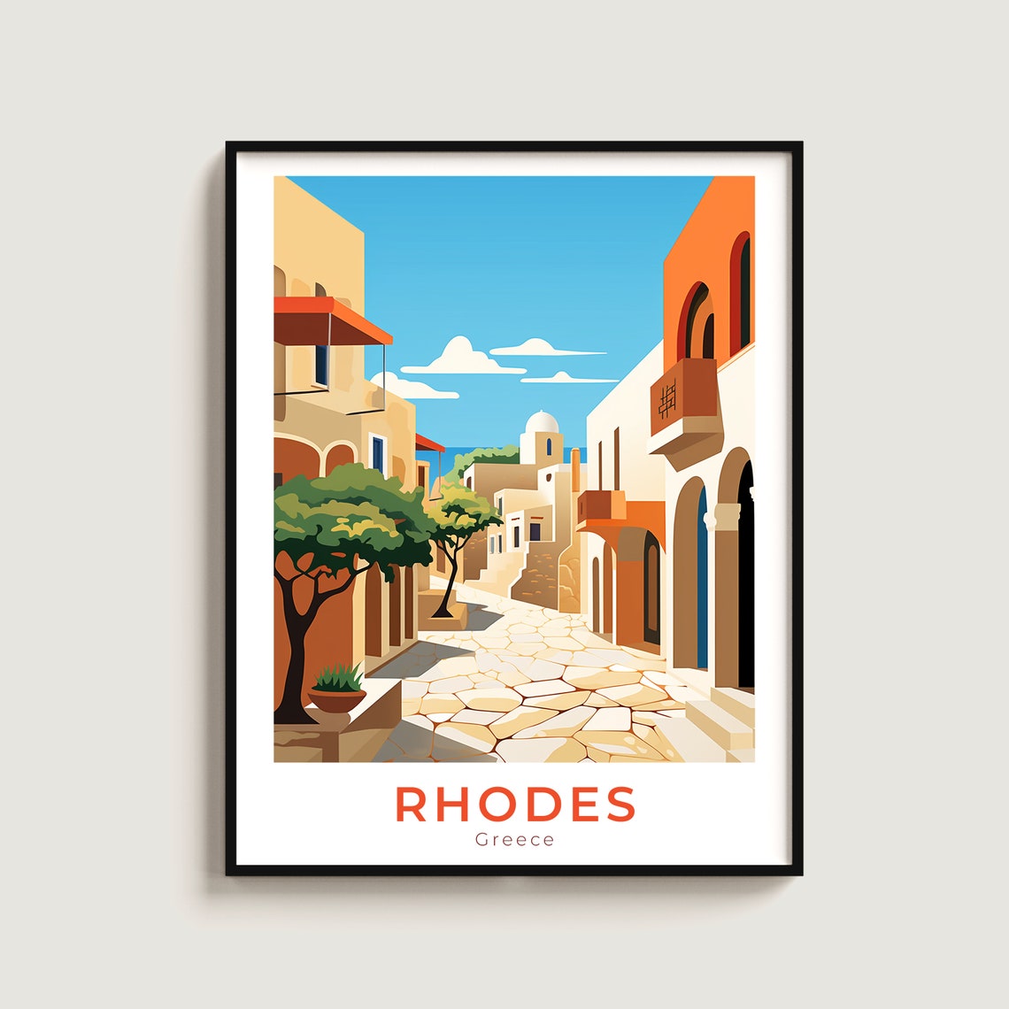 Rhodes Greece Cobblestone Old Town Street Warm Tones Travel Poster
