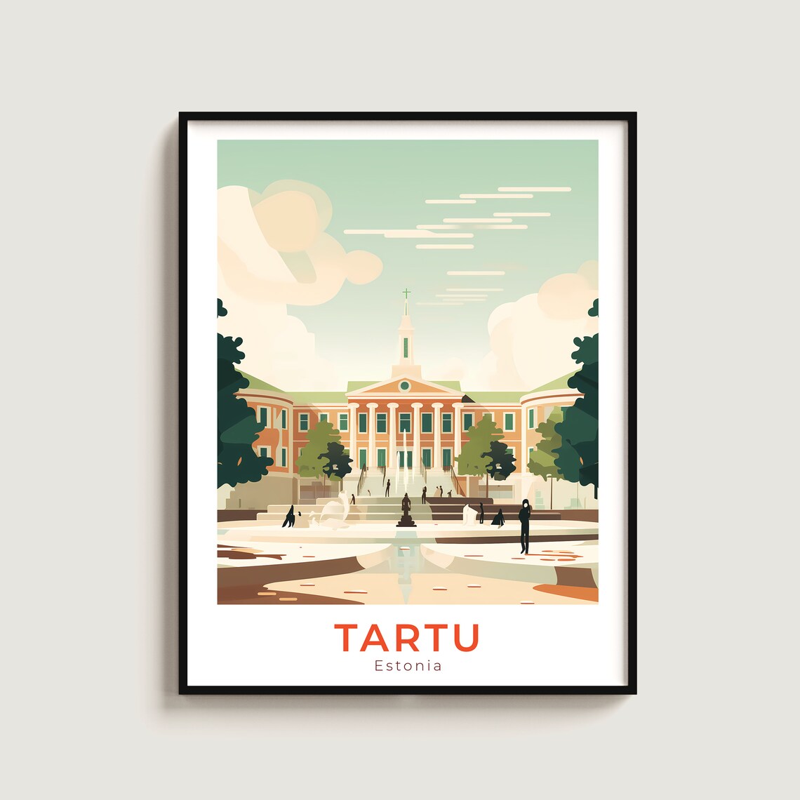 Tartu Estonia Town Hall Square Fountain Vintage Travel Poster