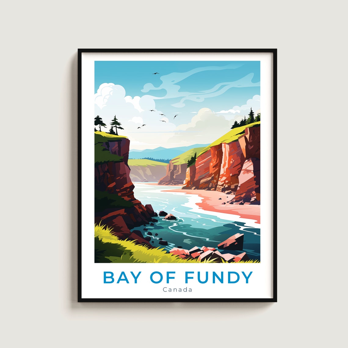 Bay Of Fundy Canada Red Cliffs Coast Seagulls Travel Colorful Poster
