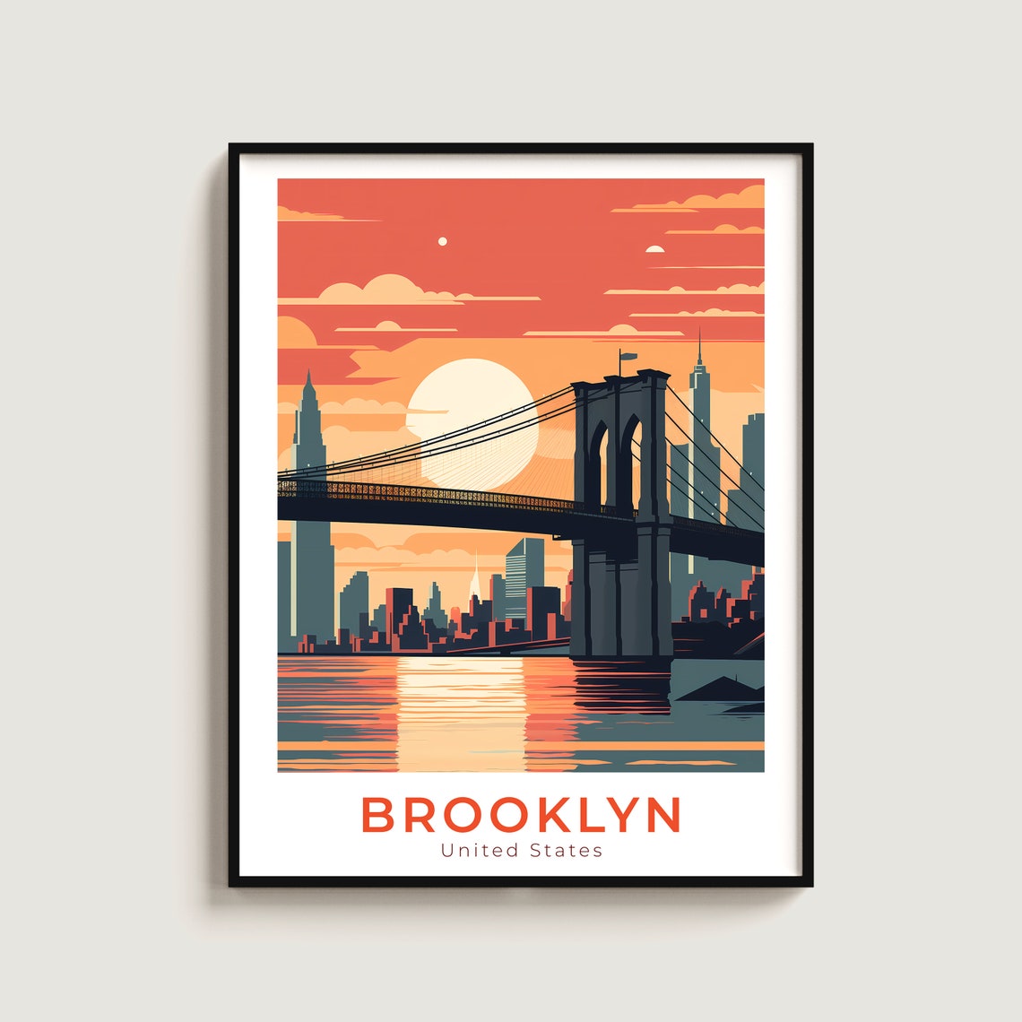 Brooklyn Bridge Sunset Manhattan Skyline Retro Travel Poster