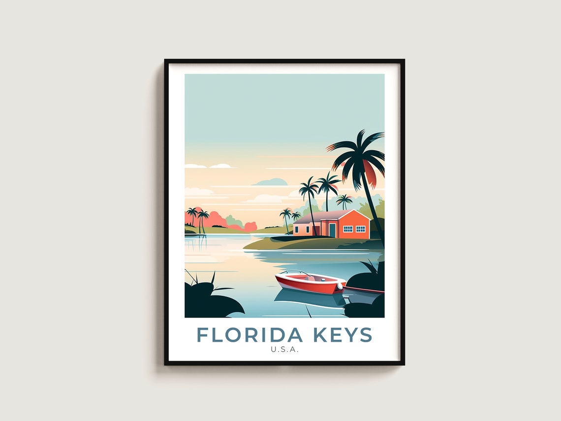 Florida Keys Island Cabin Palm Trees Calm Bay Sunset Vintage Poster