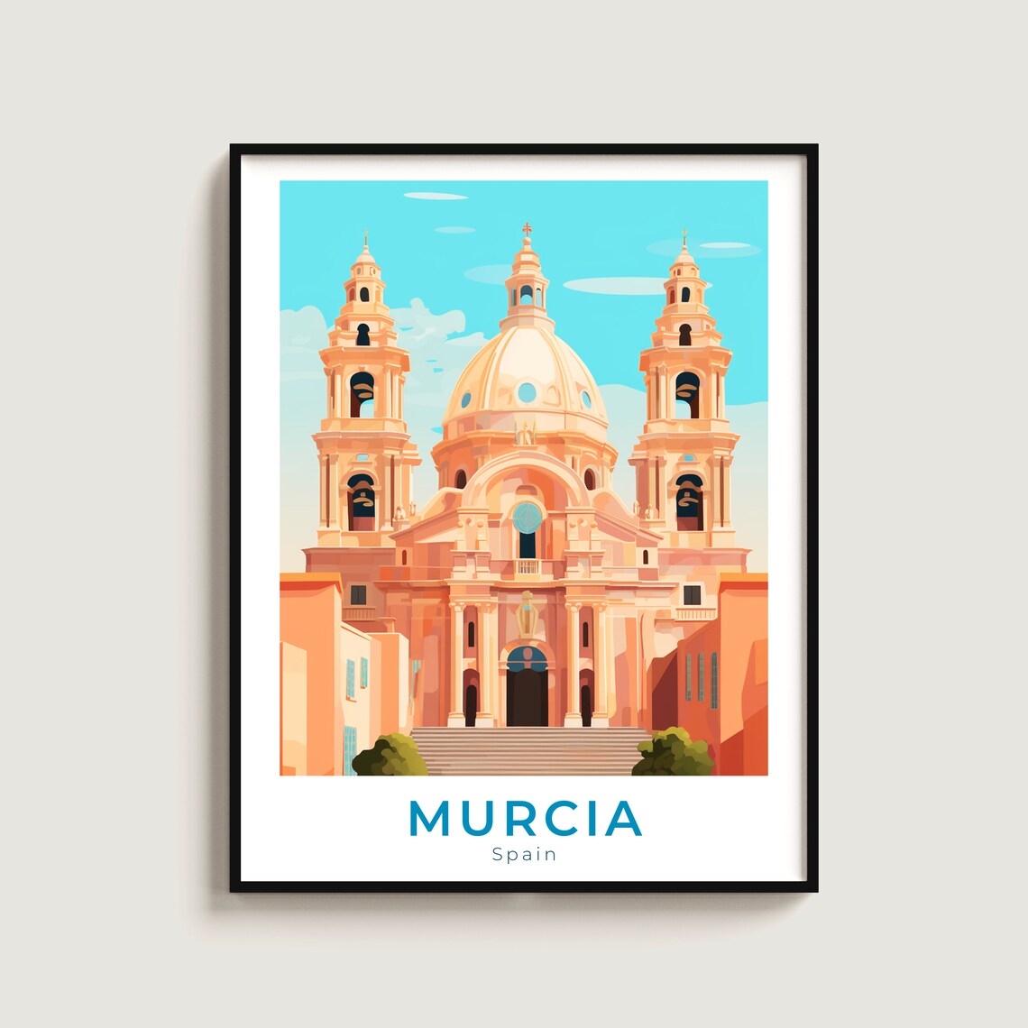 Murcia Spain Cathedral Twin Towers Pink Facade Vintage Travel Poster