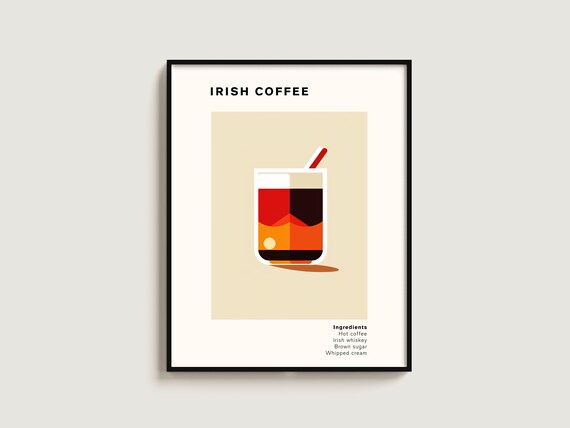 Irish Coffee Whiskey Cream Minimalist Kitchen Art Poster Cocktail Decor