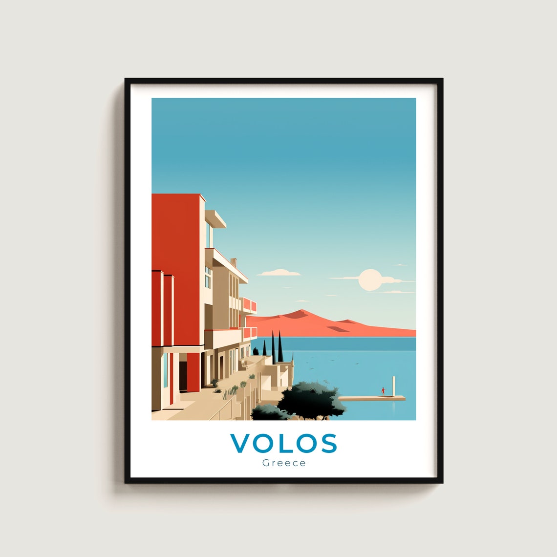 Volos Greece Modern Seaside Buildings Red Hills Travel Poster