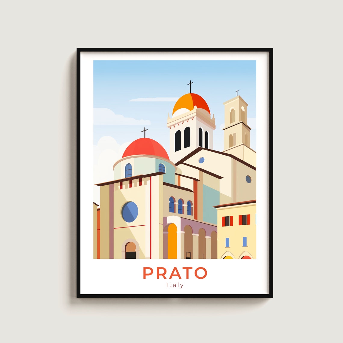 Prato Italy Cathedral Red Domes Bell Towers Travel Poster Art