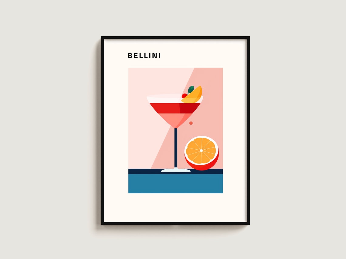Bellini Peach Cocktail Coupe Glass Minimalist Decor Art Poster