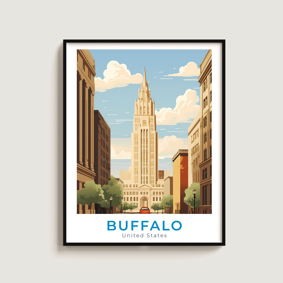 Buffalo New York City Hall Art Deco Tower Street Vintage Travel Poster