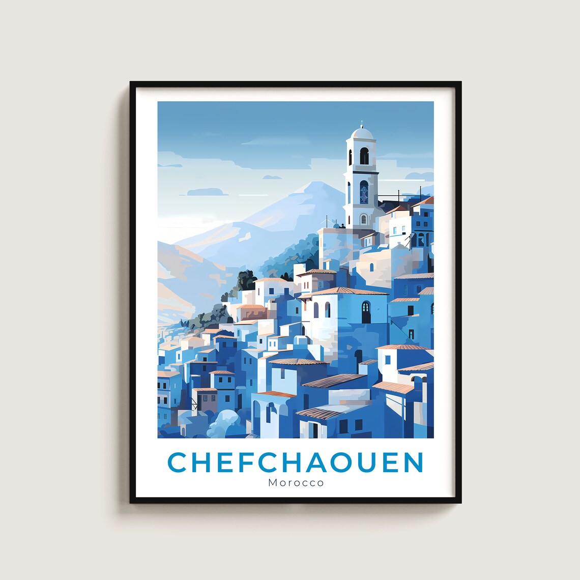 Chefchaouen Morocco Blue City Mountain View Vintage Travel Poster