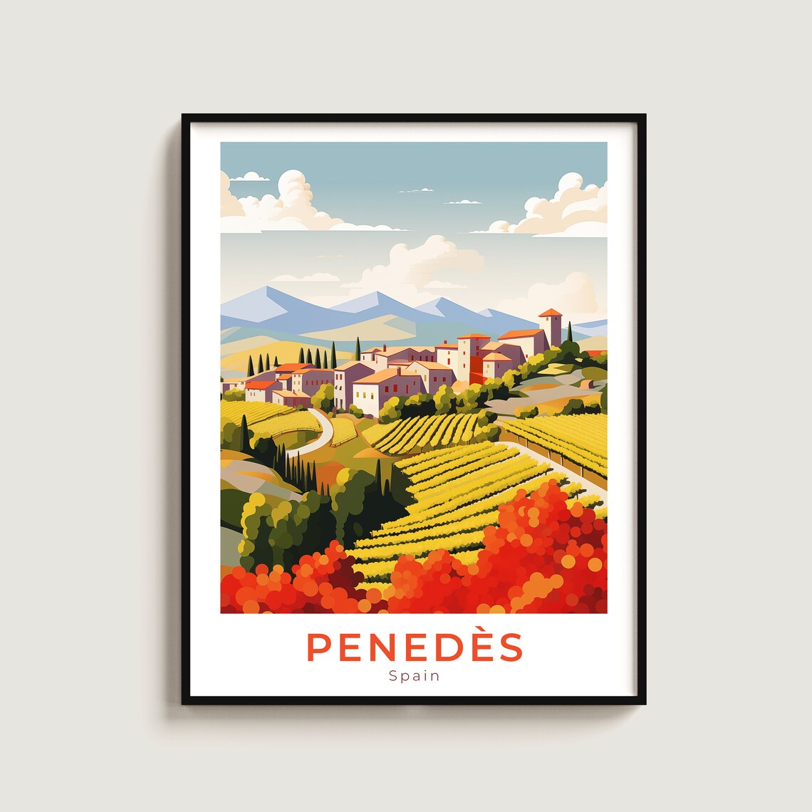 Penedes Spain Retro Wine Region Vineyard Village Travel Poster