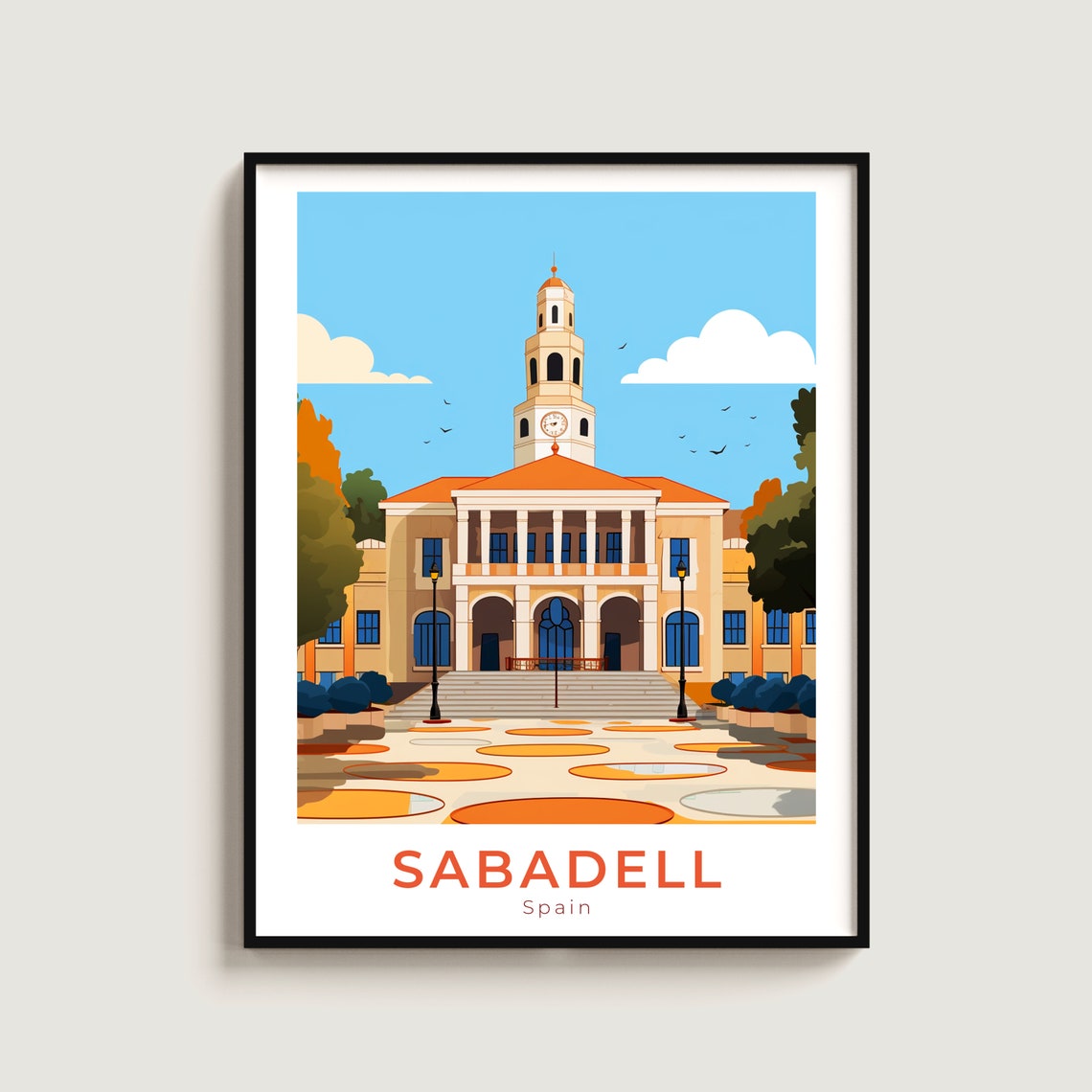 Sabadell Spain Civic Building Clock Tower Autumn Travel Poster