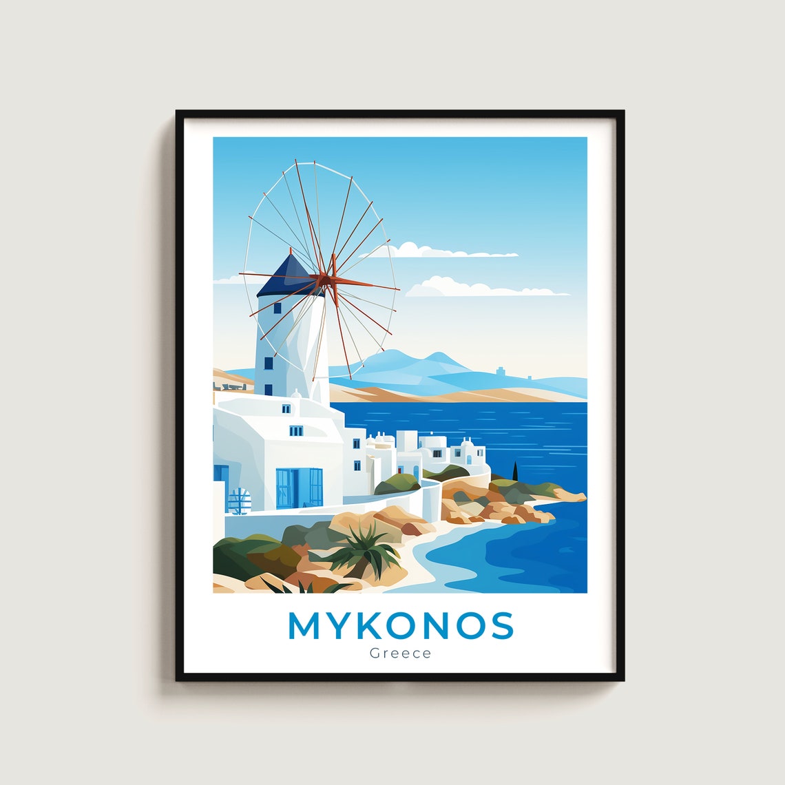 Mykonos Greece Coastal Windmill Whitewashed Houses Travel Poster
