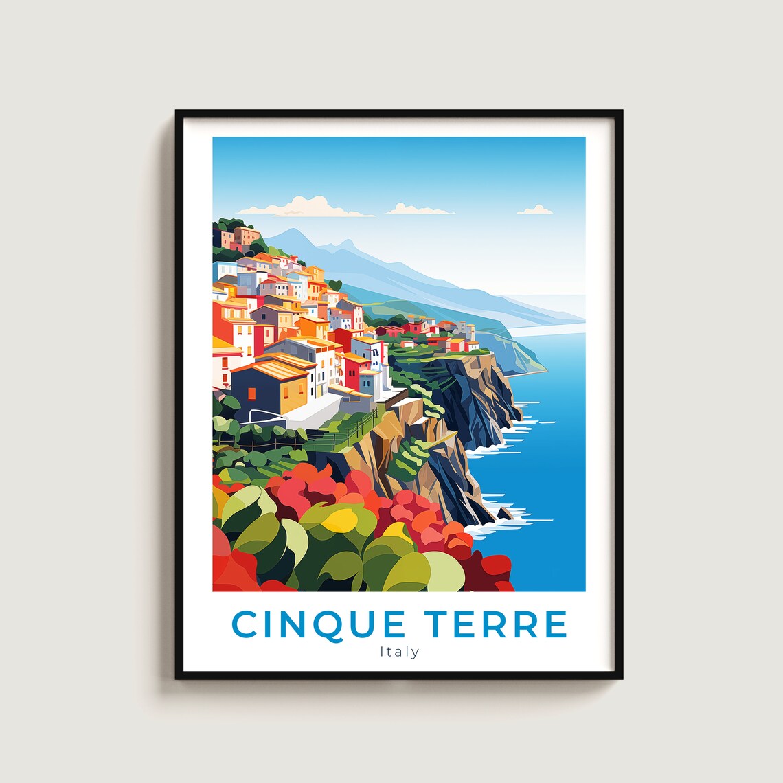 Cinque Terre Italy Cliff Village Red Flowers Vintage Travel Poster