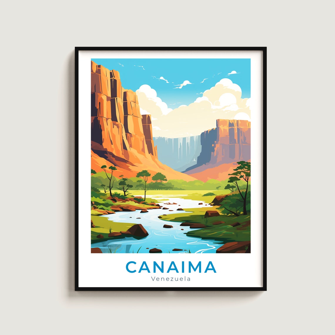 Canaima Venezuela Waterfall Between Orange Cliffs River Travel Poster
