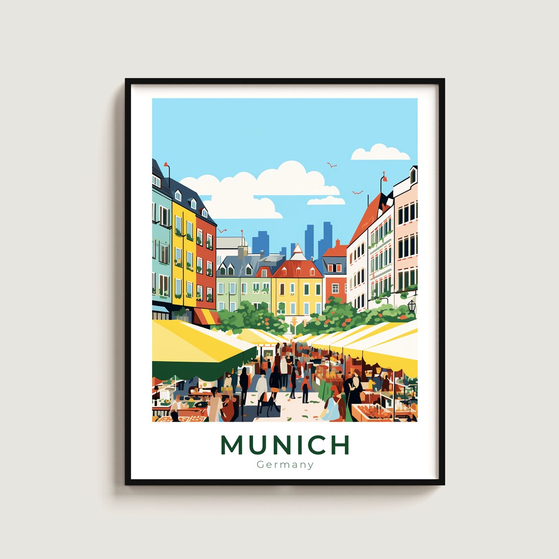 Munich Market Square Yellow Awnings Colorful Facades Travel Poster