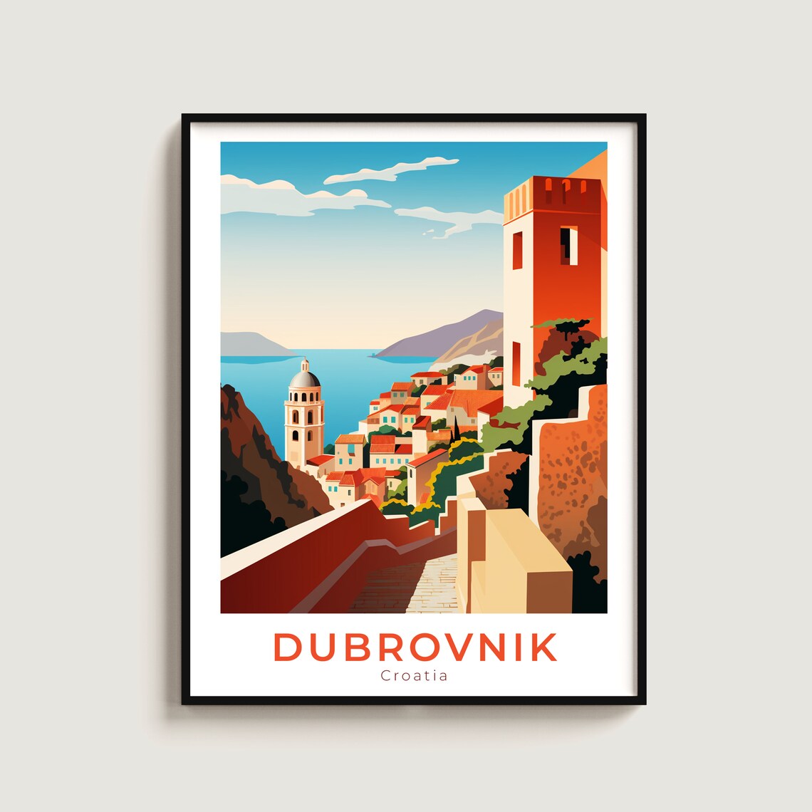 Dubrovnik Croatia Ancient City Walls Sea Stairs View Travel Poster