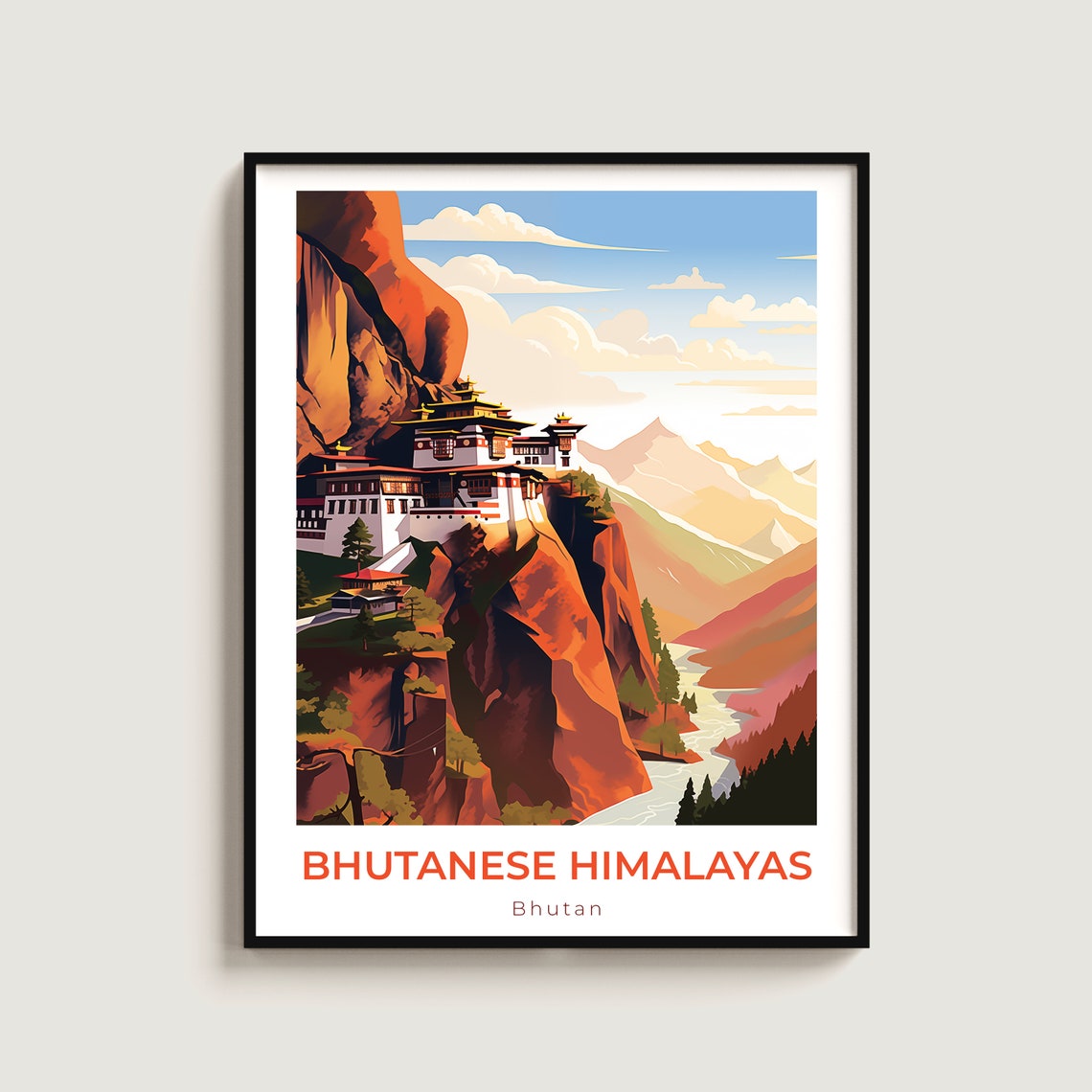 Bhutanese Himalayas Bhutan Cliff Monastery Retro Travel Poster
