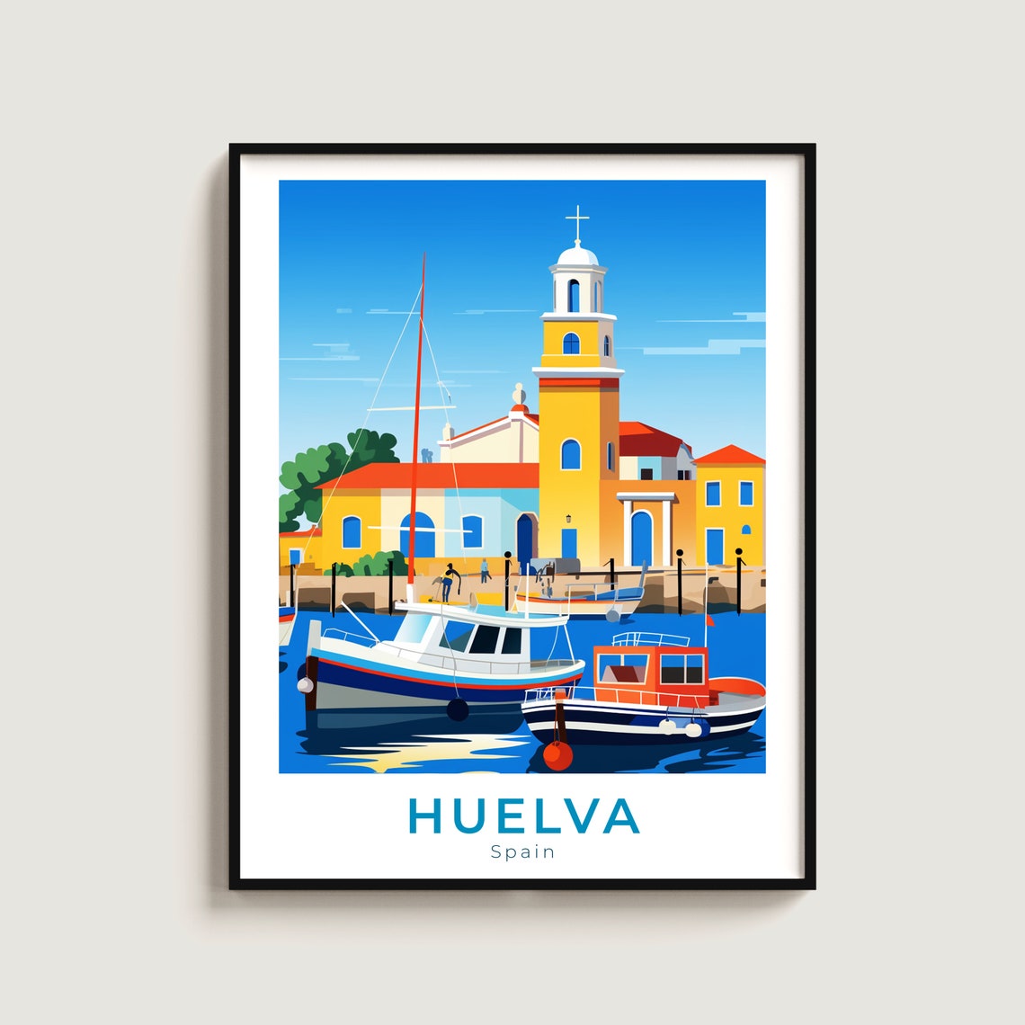 Huelva Spain Harbor Boats Yellow Bell Tower Waterfront Travel Poster