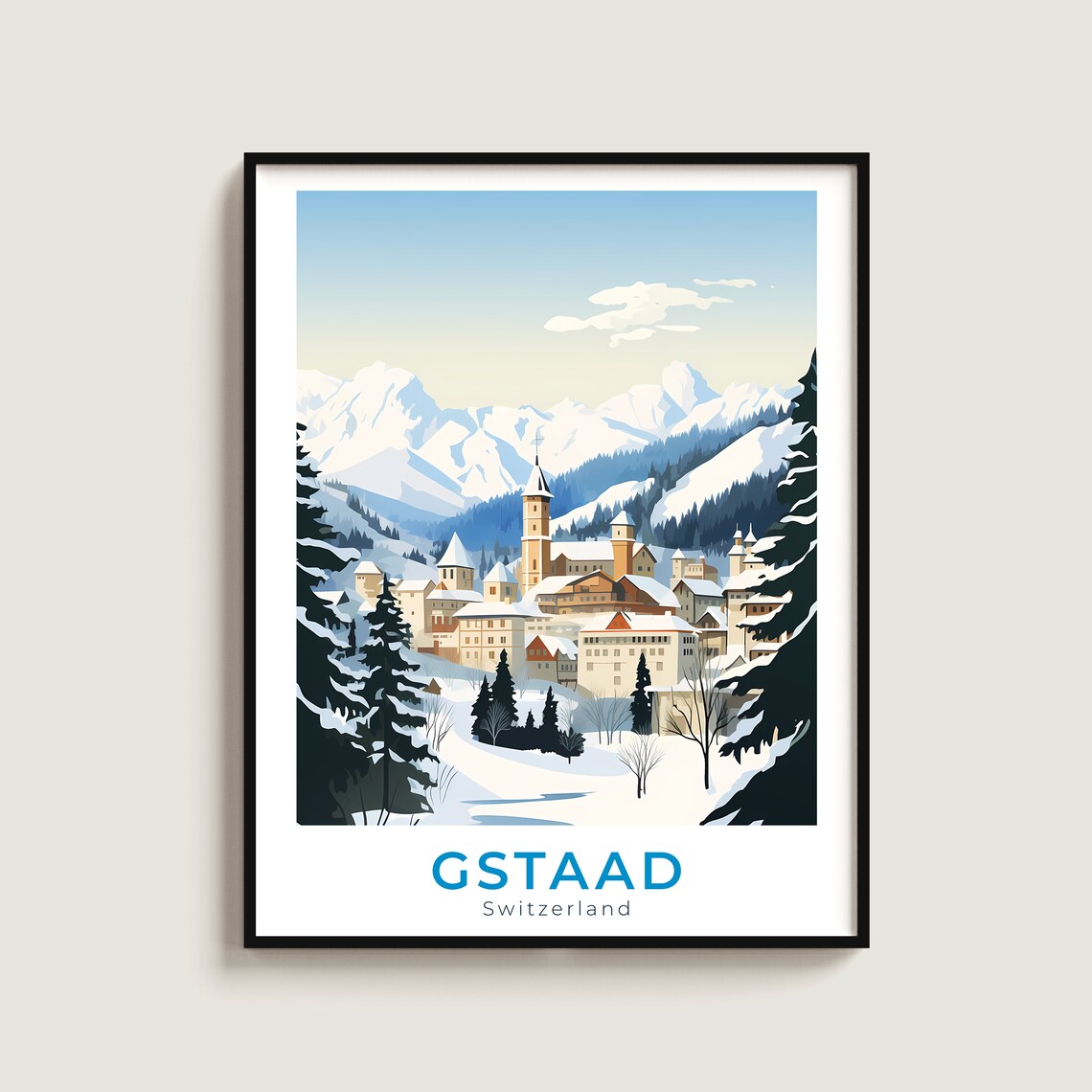 Gstaad Switzerland Winter Village Church Vintage Travel Poster