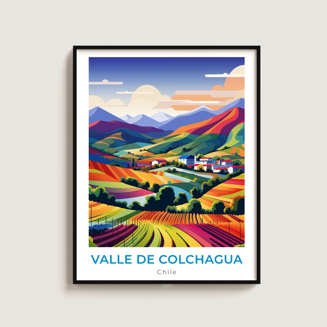 Valle De Colchagua Chile Travel Poster Colorful Vineyard Hills
