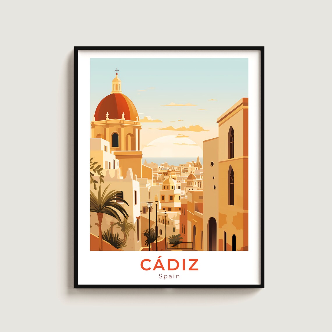 Cadiz Spain Golden Old Town Red Cathedral Dome Sunset Travel Poster
