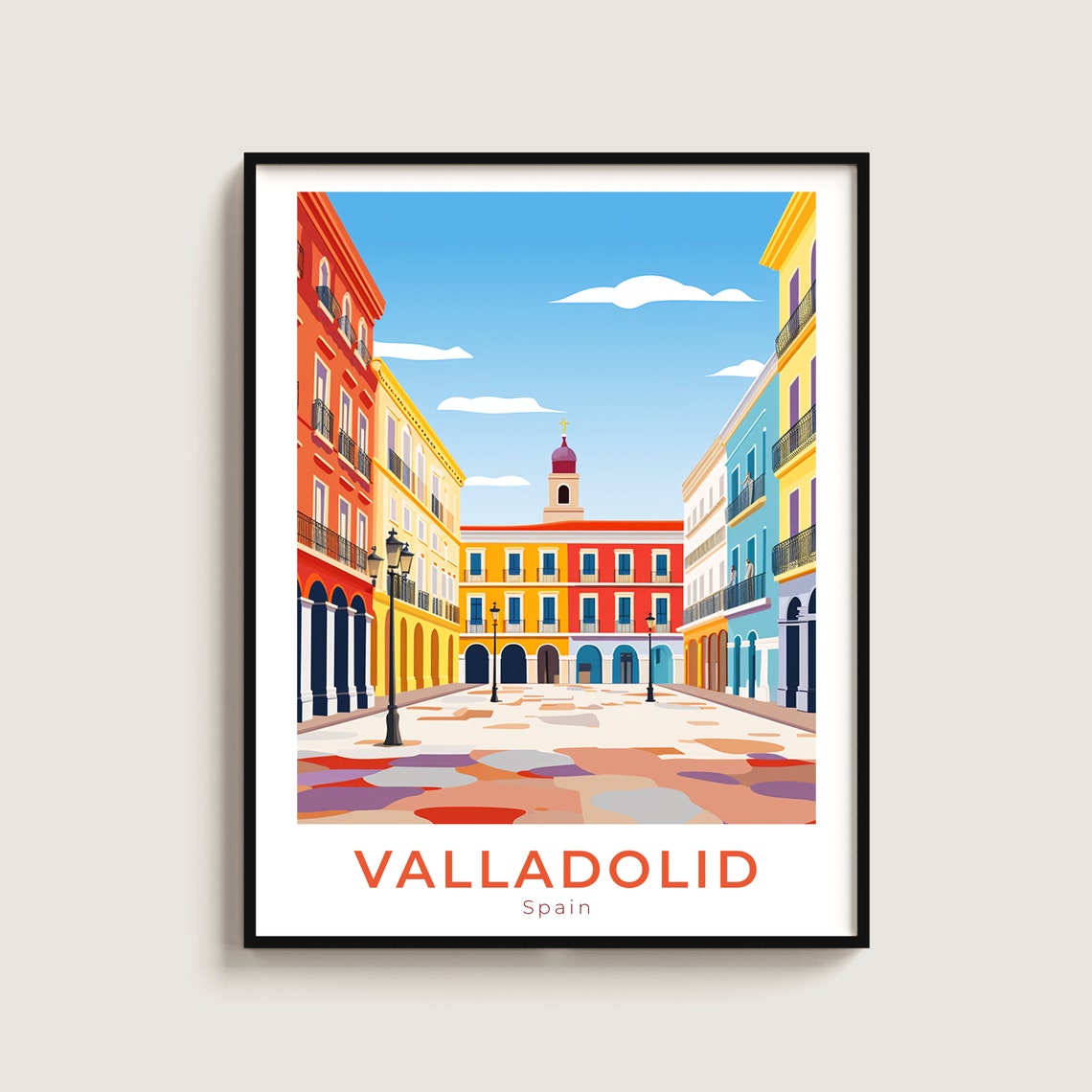 Valladolid Spain Colorful Plaza Church Tower Lantern Travel Poster