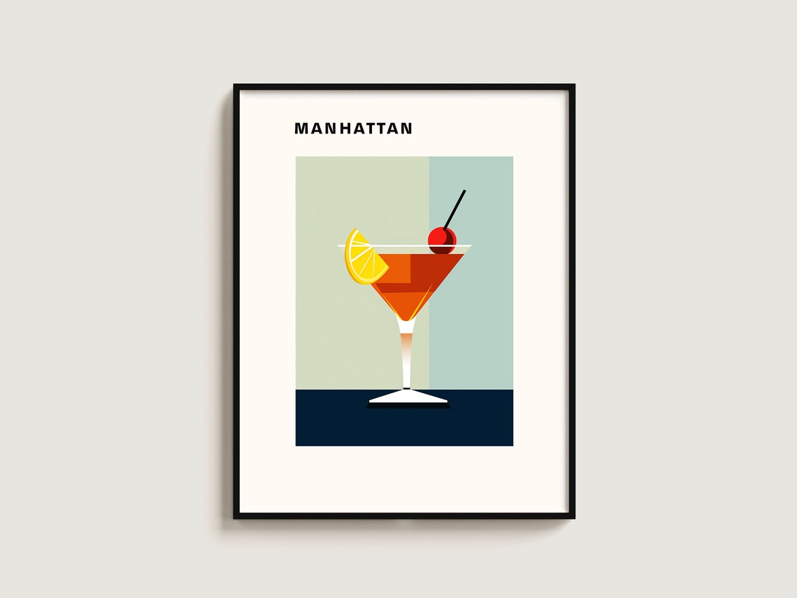 Manhattan Classic Cocktail Coupe Glass Minimalist Bar Decor Poster