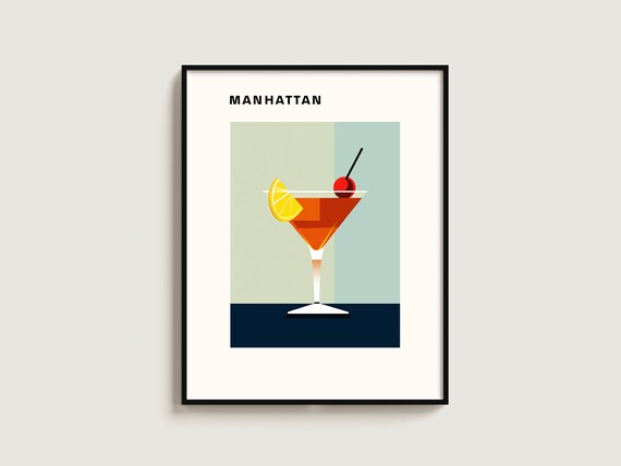 Manhattan Classic Cocktail Coupe Glass Minimalist Bar Decor Poster