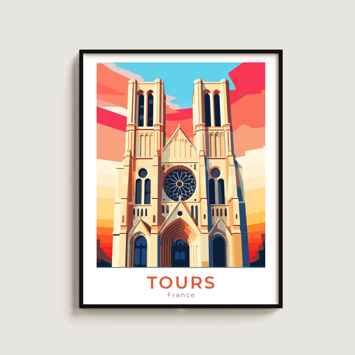 Tours Cathedral France Sunset Travel Poster Gothic Landmark Art