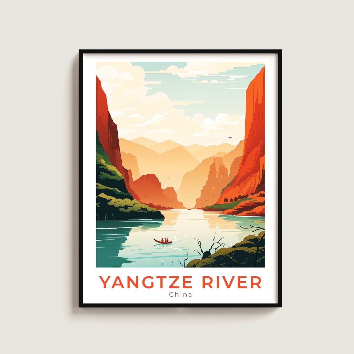 Yangtze River China Gorge Travel Poster for Asian Boat Scene Art