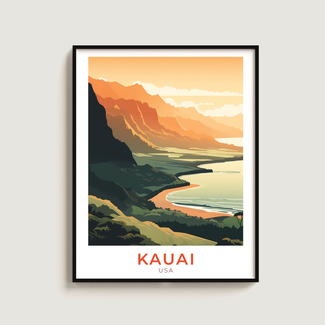 Kauai Hawaii Tropical Coast Beach Golden Cliffs Travel Poster